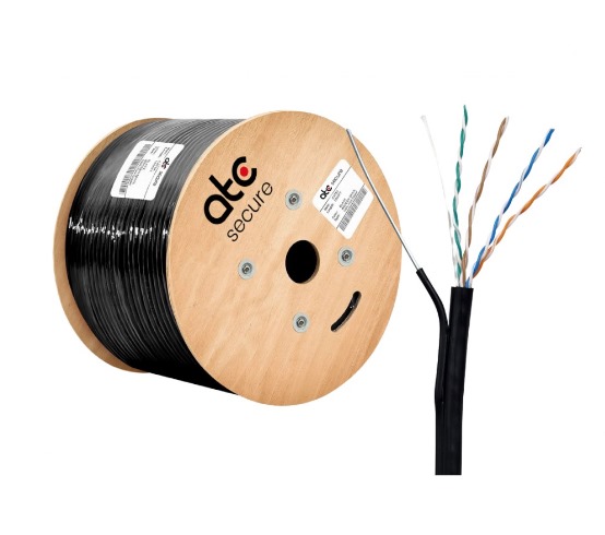 Cable UTP Cat5e Exterior C/Mensajero 100% Cobre Negro 305MT PE 0.50MM ATCS