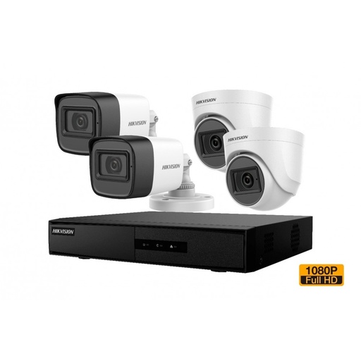 [ID00140] Kit Análogo 1080P DVR 4CH 2Domo+2Bala c/Audio + 1TB Video Hikvision - Instalación Incluida